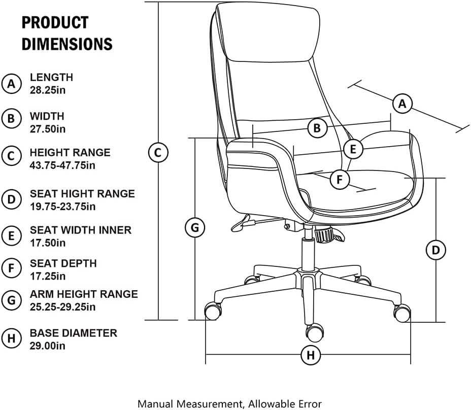 Modern Executive, High Back PU Leather Ergonomic Computer Desk Chair, Adjustable Height Swivel Office Task Chair with