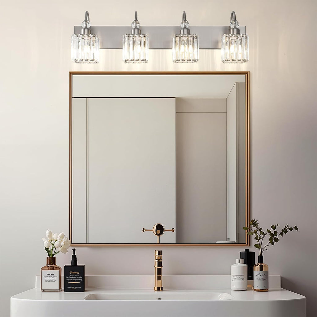 Crystal Brushed Nickel Vanity Light 4-Light Modern Bathroom Light Fixtures