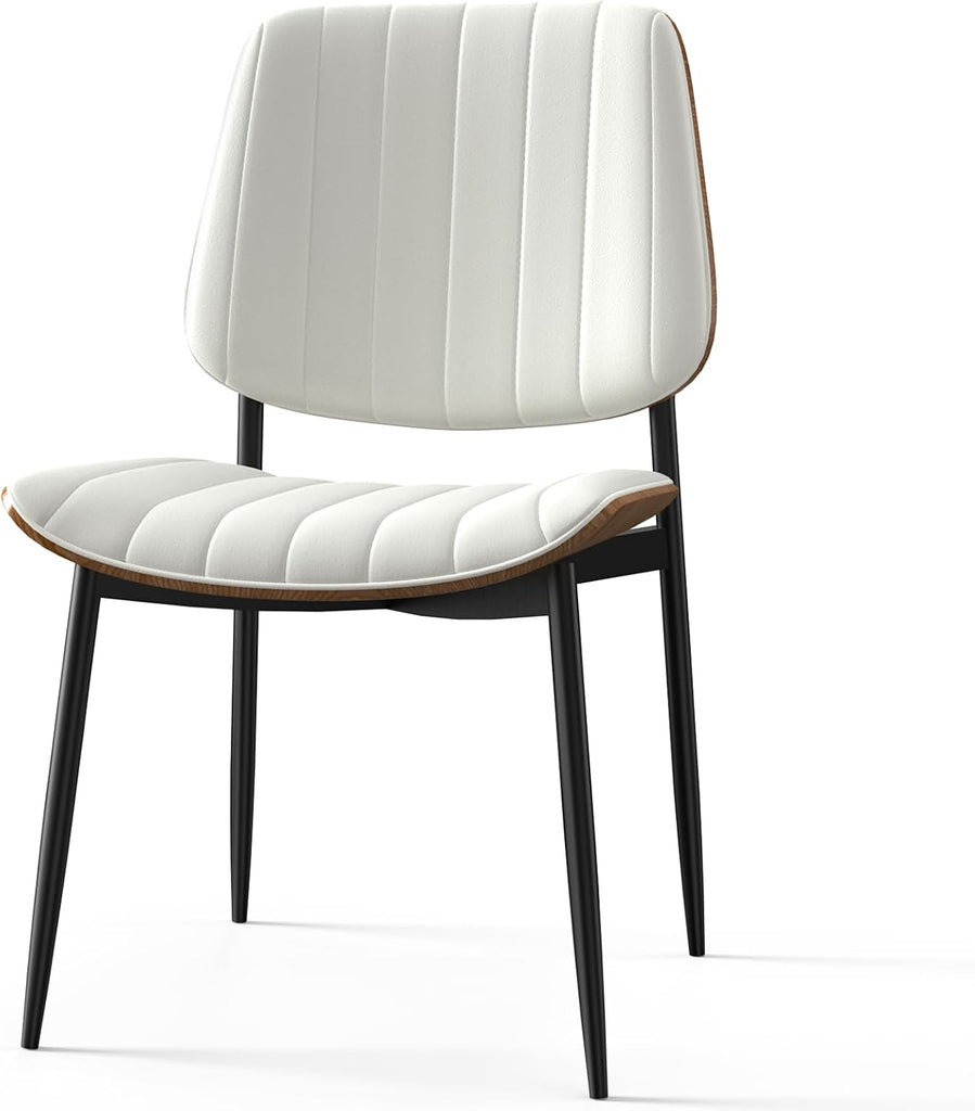 Mid Century Dining Chairs Set of 2, Upholstered Beige Nappa Leather Mid Century Modern Dining Chairs Metal Legs with