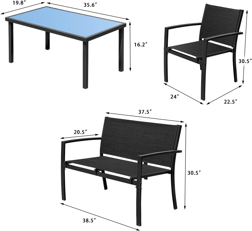 Outdoor Furniture Set 4 Piece Patio Conversation Sets Porch Furniture with Lawn Chairs & Glass Coffee Table for Garden