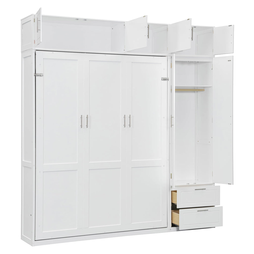 Queen Size Murphy Bed with Wardrobe, Space Saving Hidden Wall Bed Frame with Drawer & Storage Shelves, Foldable