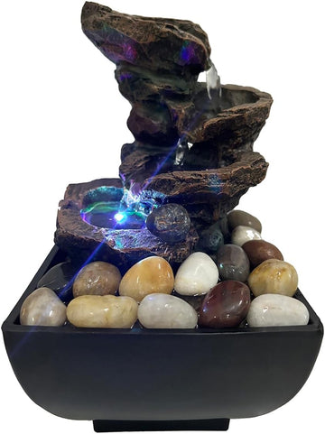 Tabletop Fountain Indoor Waterfall Rock Fountain, Meditation Fountain with Color LED Light, Waterfall Feature Decor
