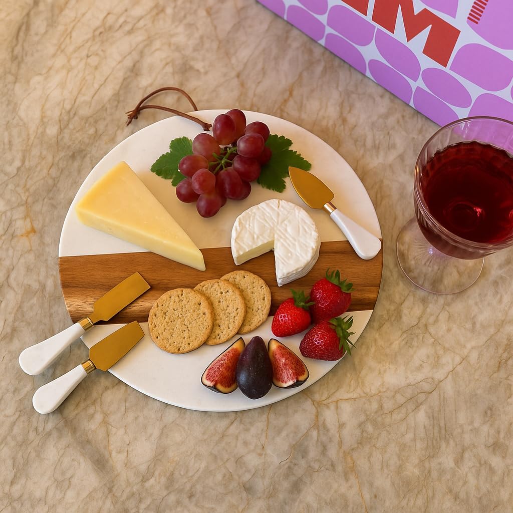 Marble Charcuterie Board Gift Set - 12" Round Cheese Board with 3 Gold Stainless Steel Knives, Leather Strap & Gift