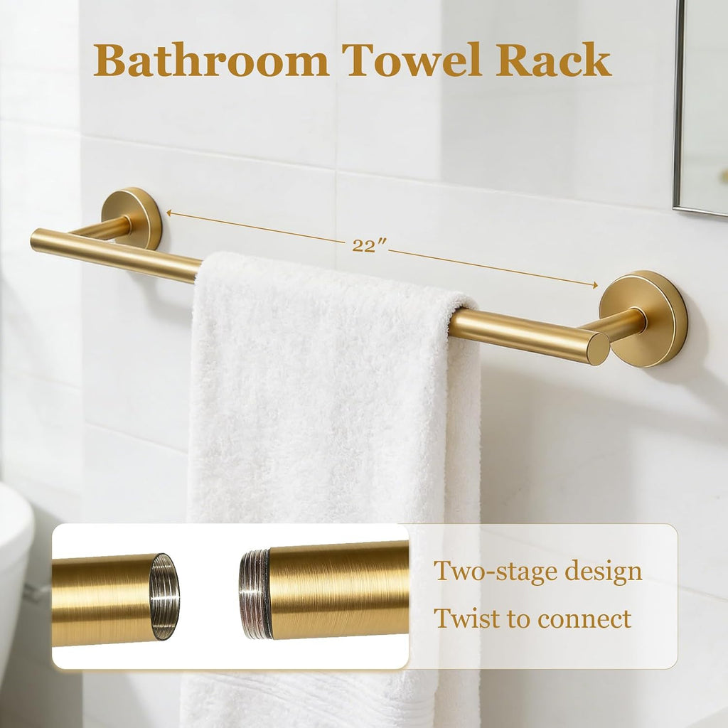 5-Pieces Wall Mount Bathroom Hardware Set,22in Brushed Gold Towel Bar Set | Stainless Steel Waterproof Bathroom