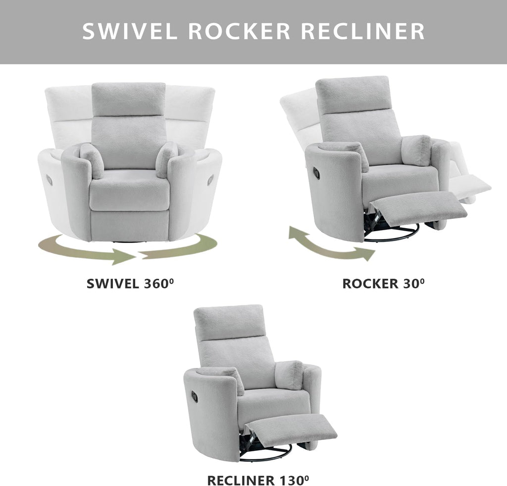 Upholstered Glider Recliner Rocking Chair 360° Swivel r, Plush Gray