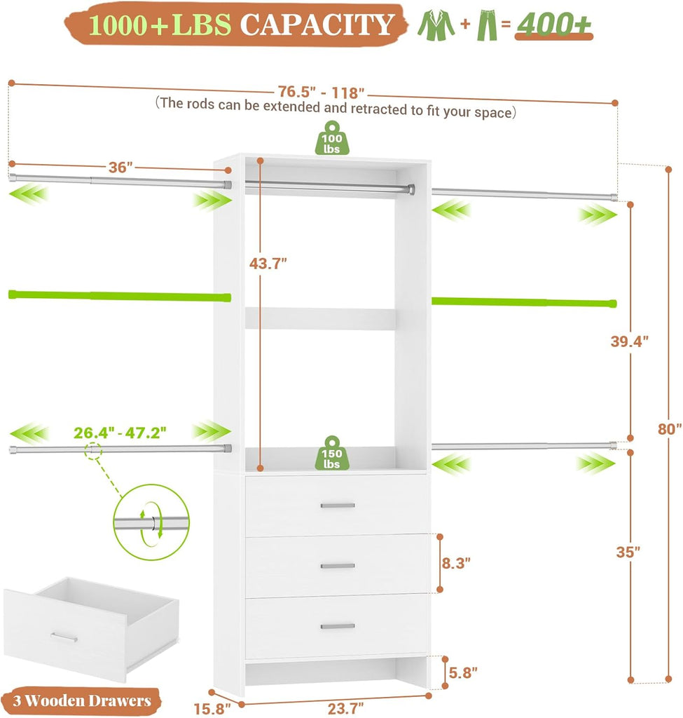 Closet System, Closet Organizer with 3 Wooden Drawers, Closet Organizer System, Walk-in Closet Wardrobe Clothes Rack