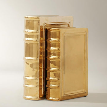 Ceramic Book Set of 2, Gold | Pair of Books Sculptures, Elegant Shelf & Table Decor
