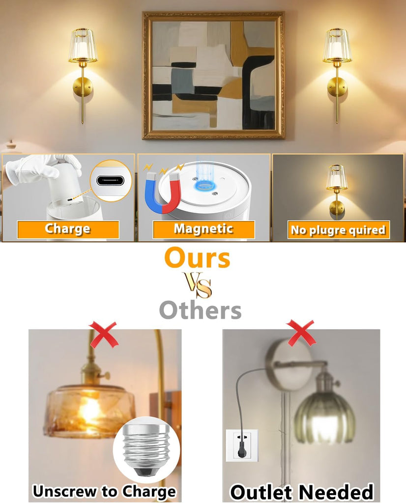 Crystal Battery Operated Wall Sconces Set of Two, Gold Rechargeable Wall Lights with 10000mAh Dimmable Magnetic Bulb