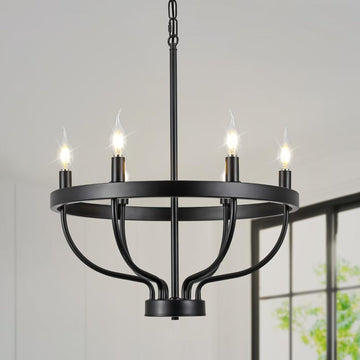Black Dining Room Light Fixture, 6-Light Black Chandeliers for Dining Room Farmhouse Wagon Wheel Chandeliers, Adjustable Height Round Chandelier for Bedroom Kitchen Living Room Entryway Foyer 19.6in