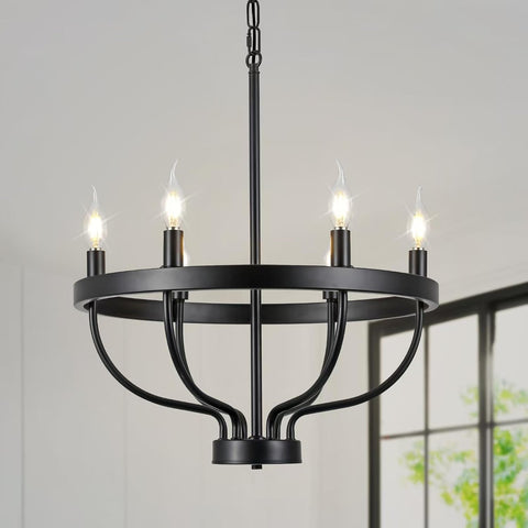 Black Dining Room Light Fixture, 6-Light Black Chandeliers for Dining Room Farmhouse Wagon Wheel Chandeliers, Adjustable Height Round Chandelier for Bedroom Kitchen Living Room Entryway Foyer 19.6in A109-B0DSTTXTF1