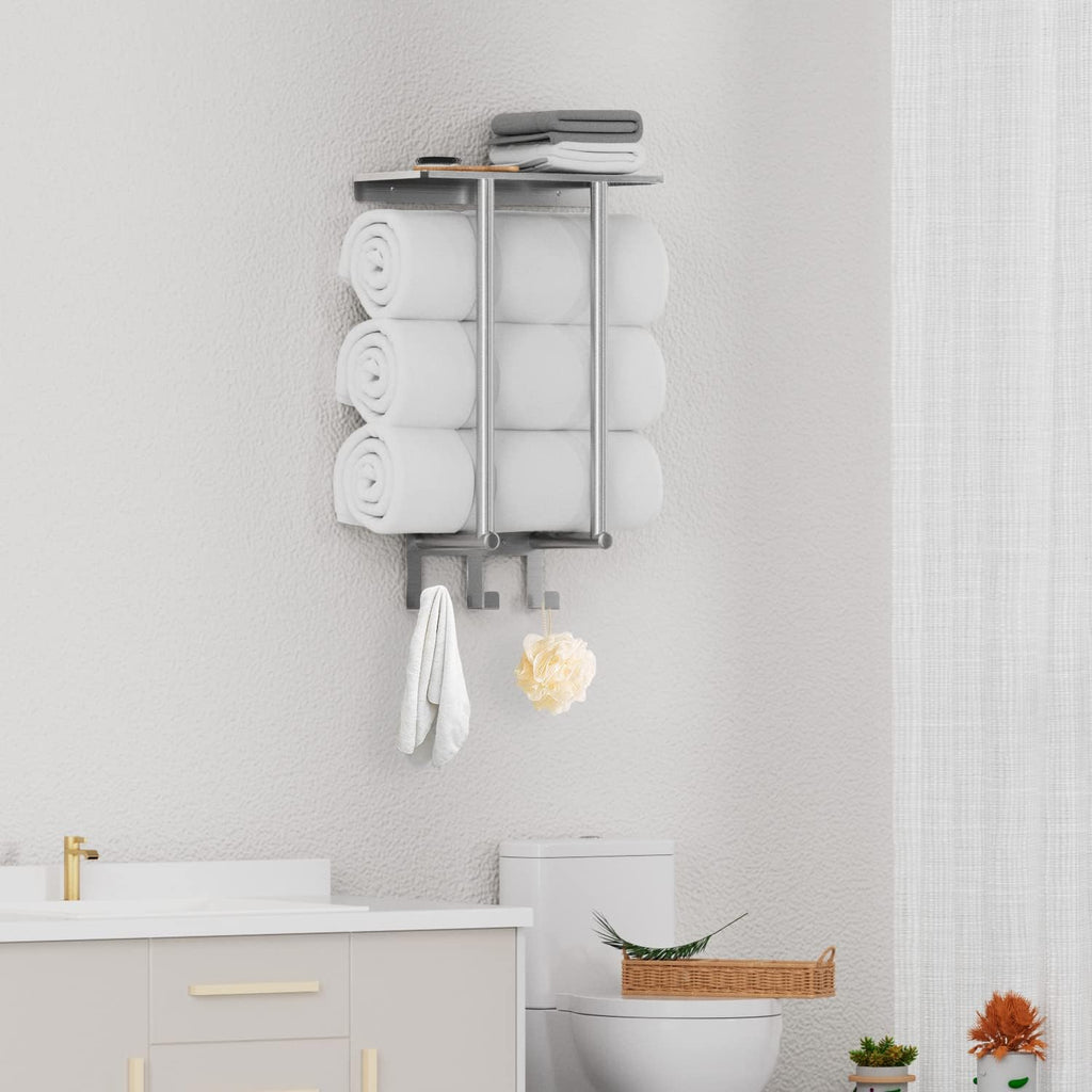 Towel Racks Wall Mounted with 3 Hooks, Brushed Nickel | Stainless Steel Towel Rack with Shelf, Towel Storage Holder