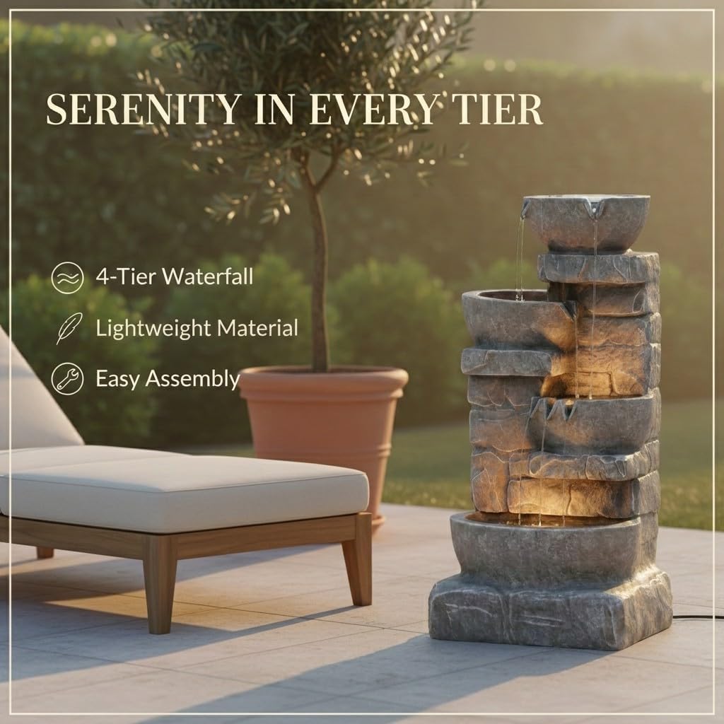 33" Outdoor Water Fountain with LED Lights, 3-Tier Cascading Bowls, Weather-Resistant Resin Garden Water Feature