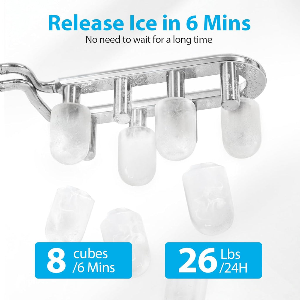 Ice Maker Countertop 26lbs/24H, Ice Machine 8 Ice Cubes Ready in 6 Mins, 2 Sizes of Bullet Ice Portable Ice Makers