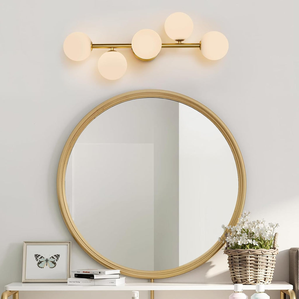 Modern Bathroom Vanity Light Fixtures,LED Brushed Gold Wall Sconce Lighting | 5 Lights Milk Glass Globe Vanity