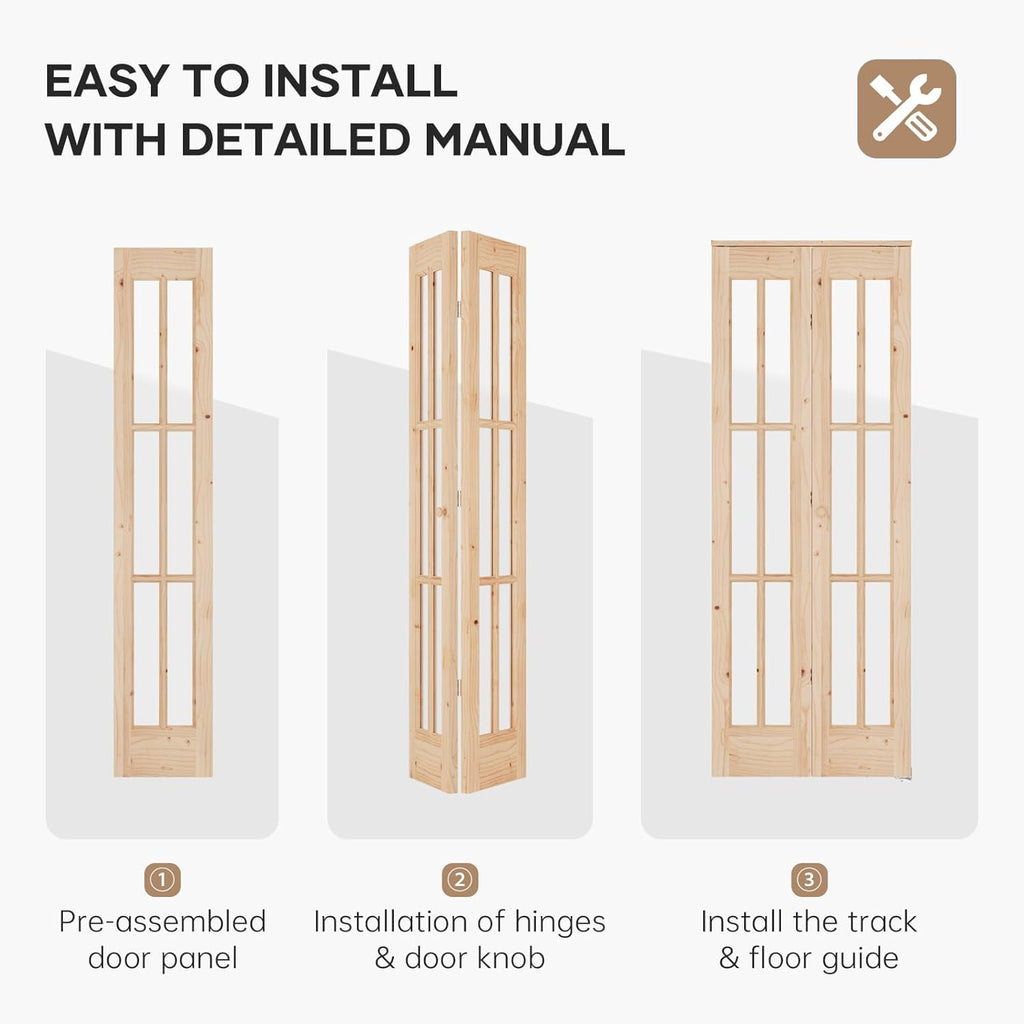 30"x 80" (Double 15" x 80") Bifold Barn Door, Tempered Frosted Glass Bifold Closet Door with 2.5FT C