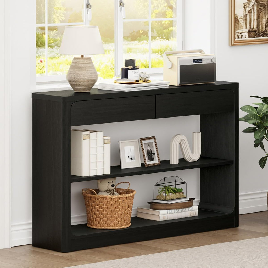 Console Table with 2 Drawers, 43.3 Inch Farmhouse Narrow Entryway Table with Storage Shelves, Rustic Sofa Tables