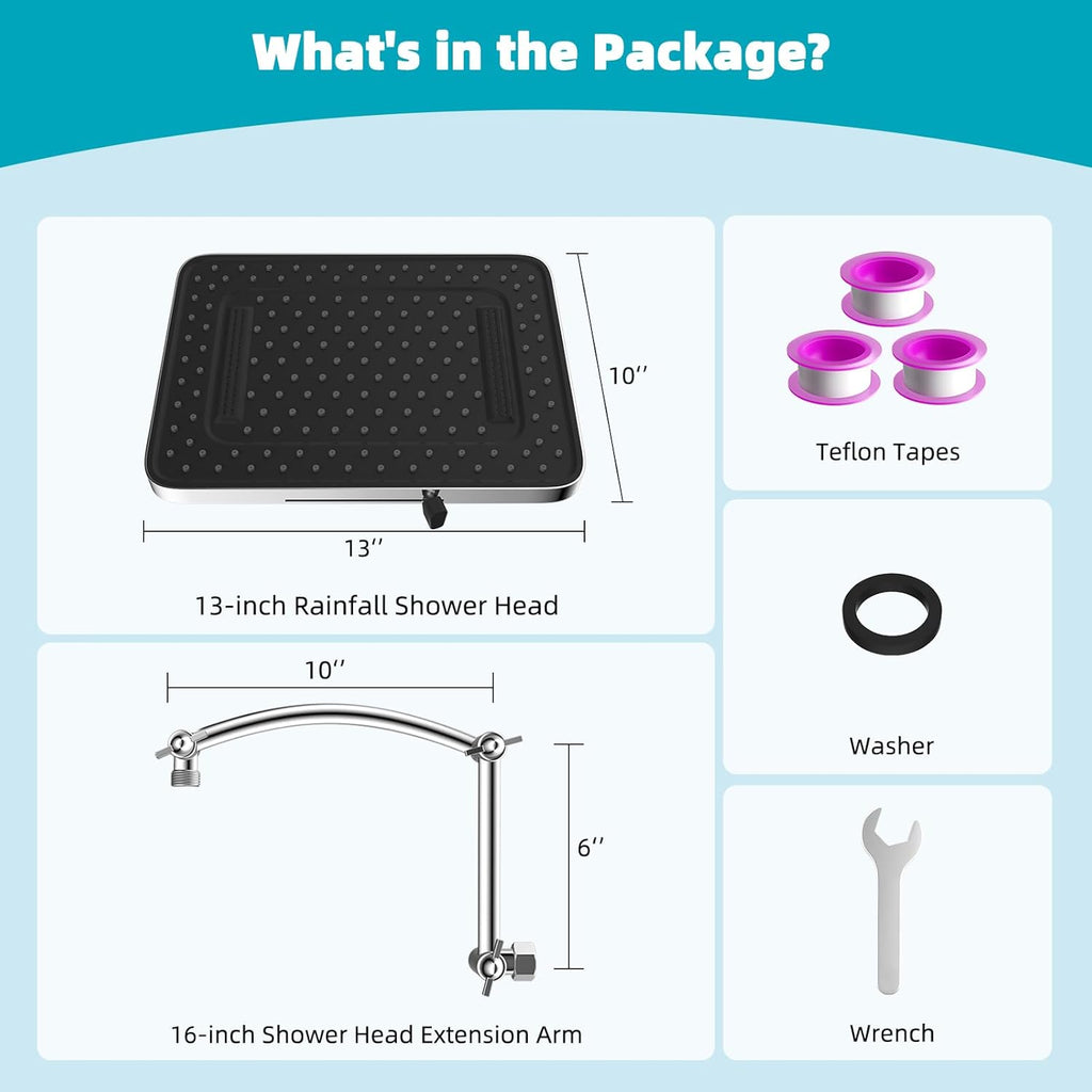 Rain Shower Head, 13'' High Pressure Rainfall Square 5 Spray Mode Showerhead with 16" Shower Head Extension Arm