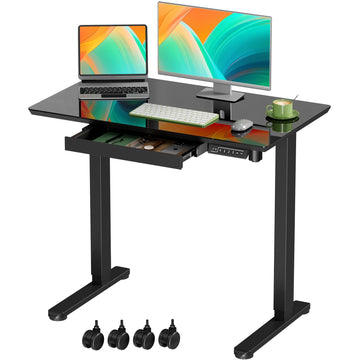 35" Black Glass Standing Desk Height Adjustable with Drawer