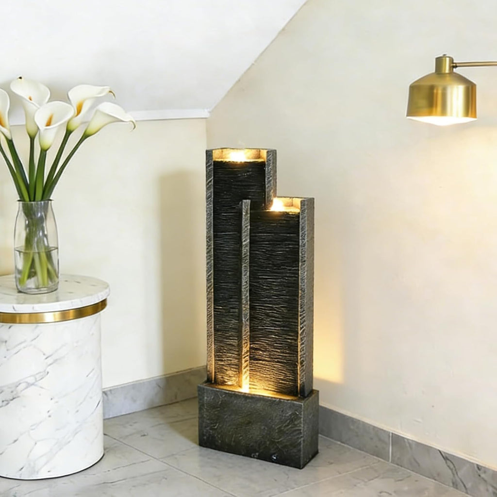 Modern Tiered Waterfall Fountain with Lights - Indoor Rectangular Water Feature - 35.4"H Waterfall Fountains Decor