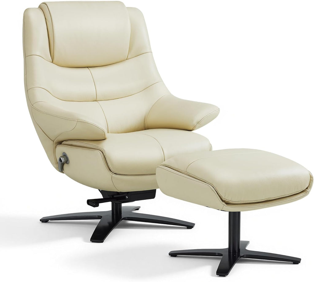Modern Reclining Swivel Lounge Chair and Ottoman — White Genuine Leather