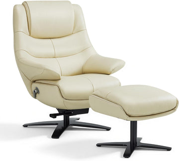 Modern Reclining Swivel Lounge Chair and Ottoman — White Genuine Leather