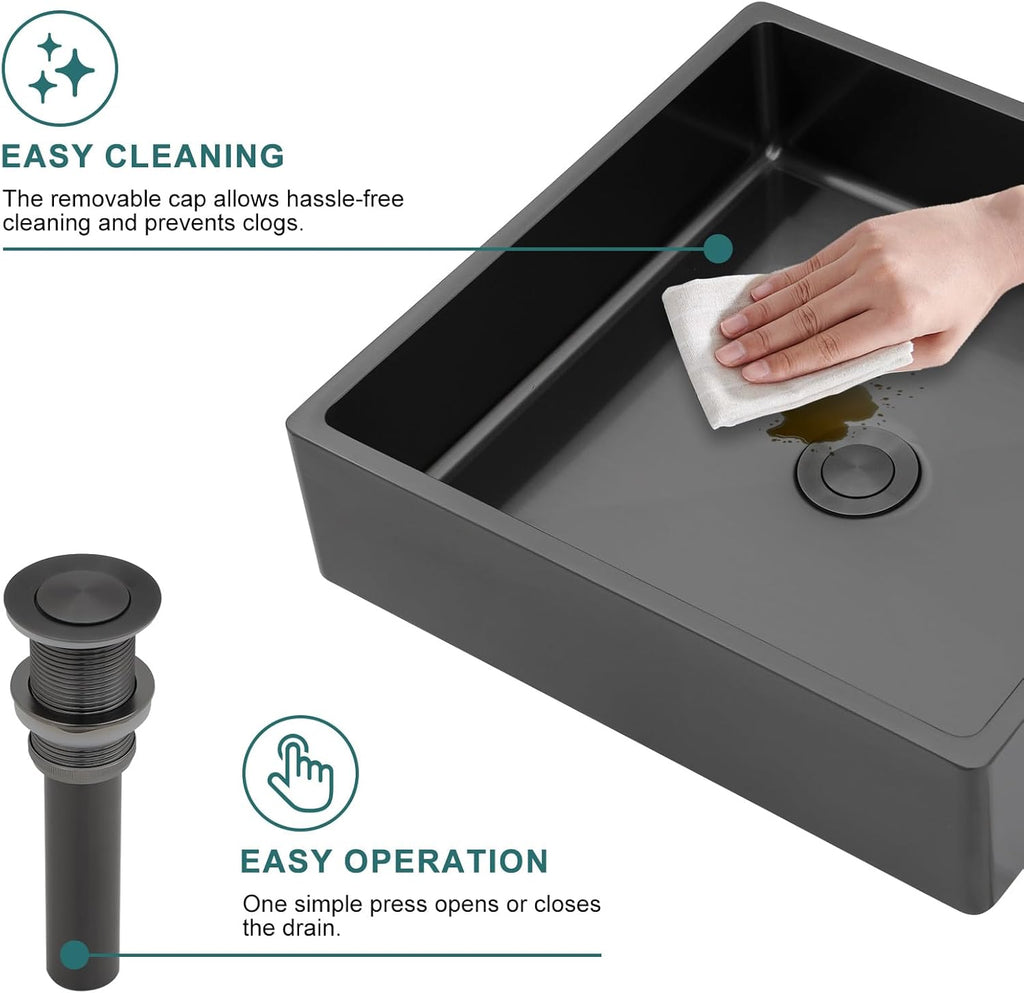 15 Inch Black Bathroom Vessel Sink, 15"x15" Black Vessel Sink Stainless Steel Above Counter Bathroom Sink 16 Gauge