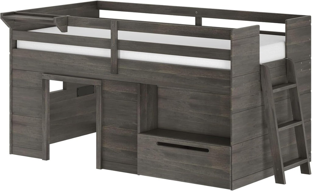 Loft Bed Twin, Solid Wood Low Loft Bed with Storage Drawer and Ladder, Modern Farmhouse Loft Bed for Kids, Driftwood