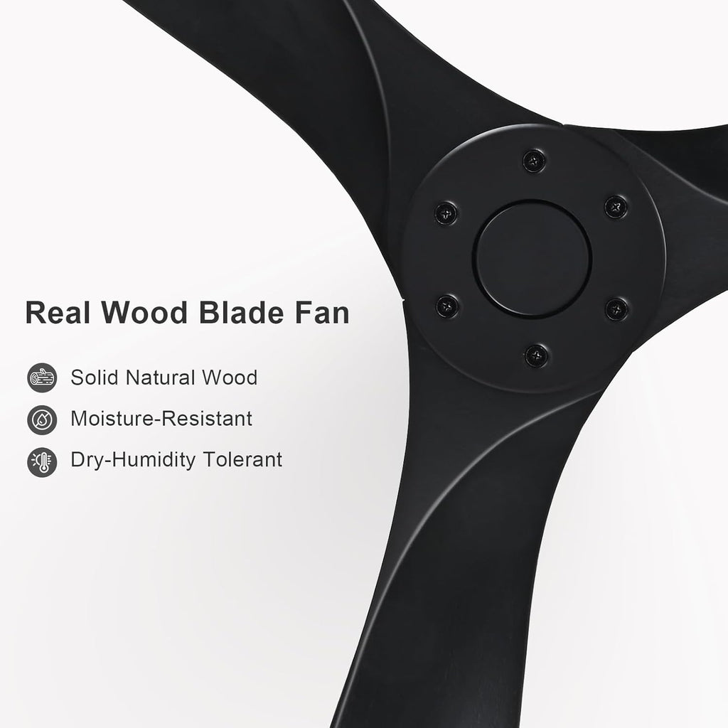 60 Inch Black Ceiling Fan No Light，Indoor Outdoor 3 Blade Wood Ceiling Fans Without Lights for Patios Bedroom Living