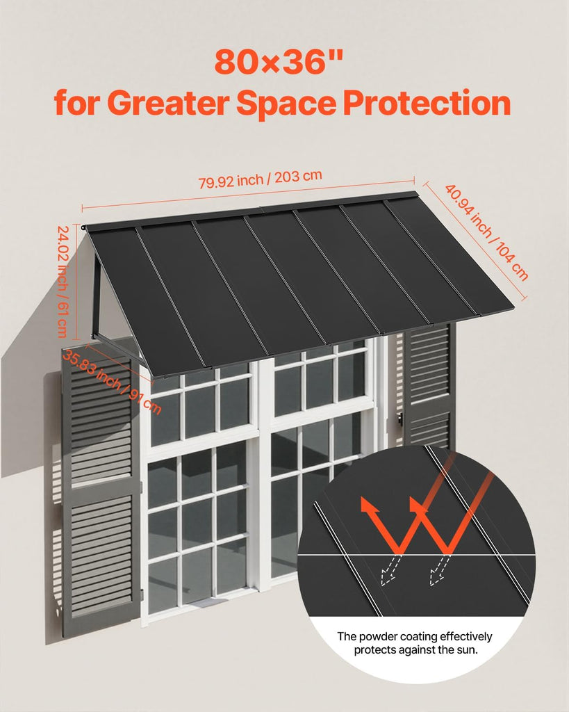 Fixed Metal Awning 80 x 36 in, Window Awning Door Canopy, Stable Triangle Steel Frame Exterior Awnings Rain, and Snow