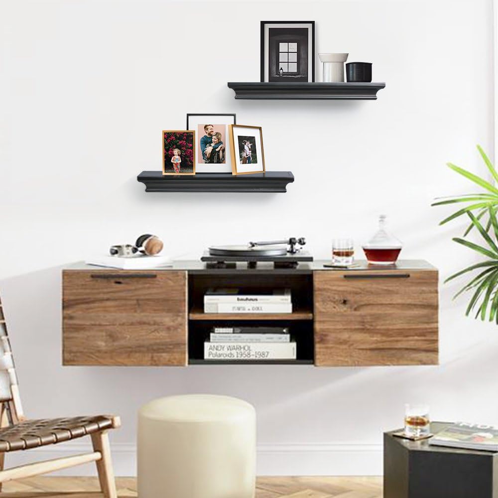 Black Floating Shelves, Modern Wall-Mounted Shelves Decor and Storage , Set of 2