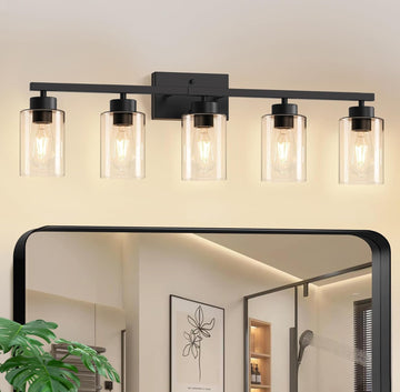 Modern Bathroom Light Fixtures, 5 Light Black Vanity Lights, Bathroom Lighting Fixtures Over Mirror with Clear Glass