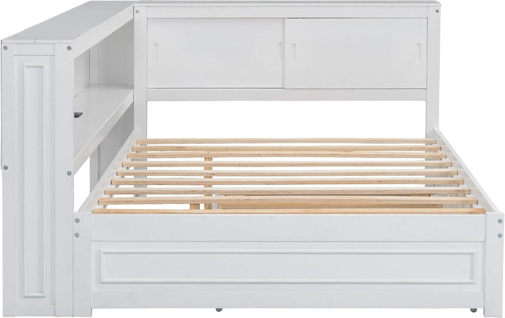Full Size Corner Daybed with Trundle and Storage, White | L-Shaped Corner Bed with Bookcase, LED Lights & USB Ports