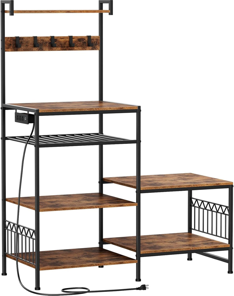 Kitchen Shelf Bakers Rack with Power Outlet, Mini Fridge and Microwave Stand Coffee Bar Table with S-Hooks, Storage