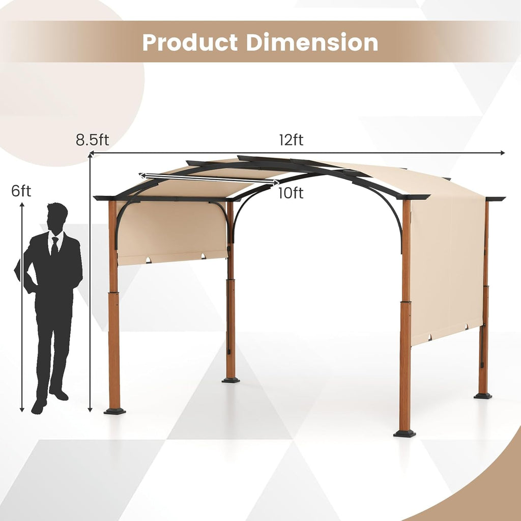 Arched Patio Shelter Pavilion with Retractable Sun Shade Canopy, Extra Large Outdoor Pergola for Deck, Porch, Garden
