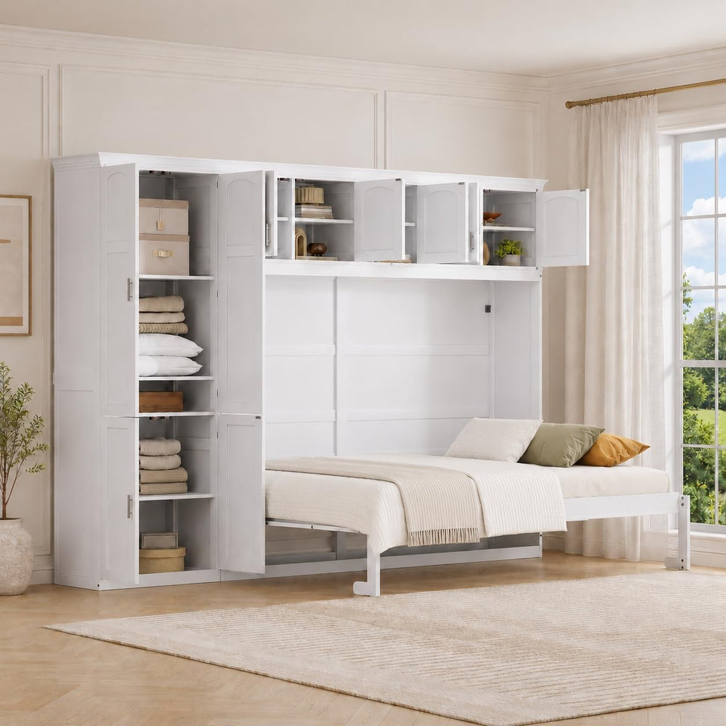 Queen Murphy Bed Wall Bed with Cabinets,White