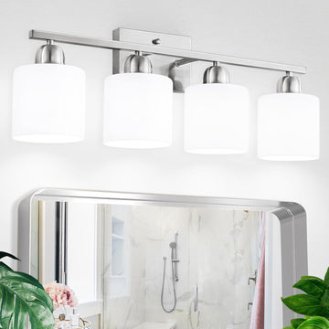 4 Light Bathroom Light Fixtures, Anti-Rust Finish Brushed Nickel Vanity Lights with Milky White Frosted Glass Shade