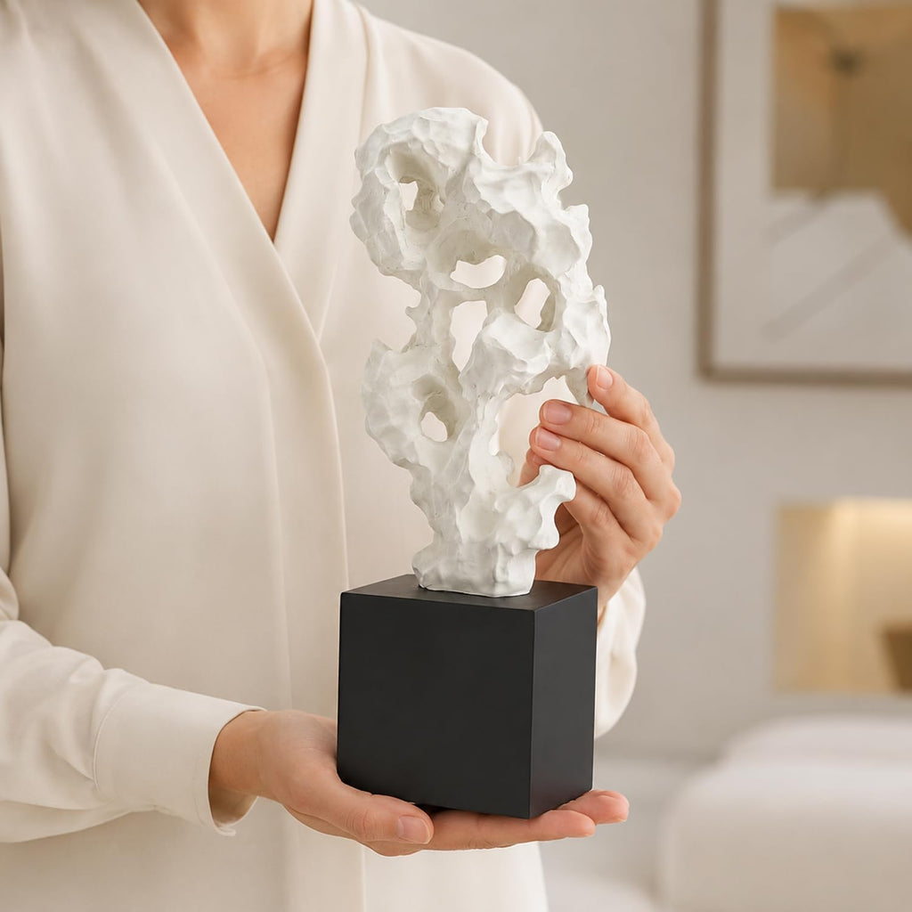 11.8" Modern Abstract Sculpture | Stone Home Decor, Resin White and Black Art Statues , Coffee Table Centerpiece, TV