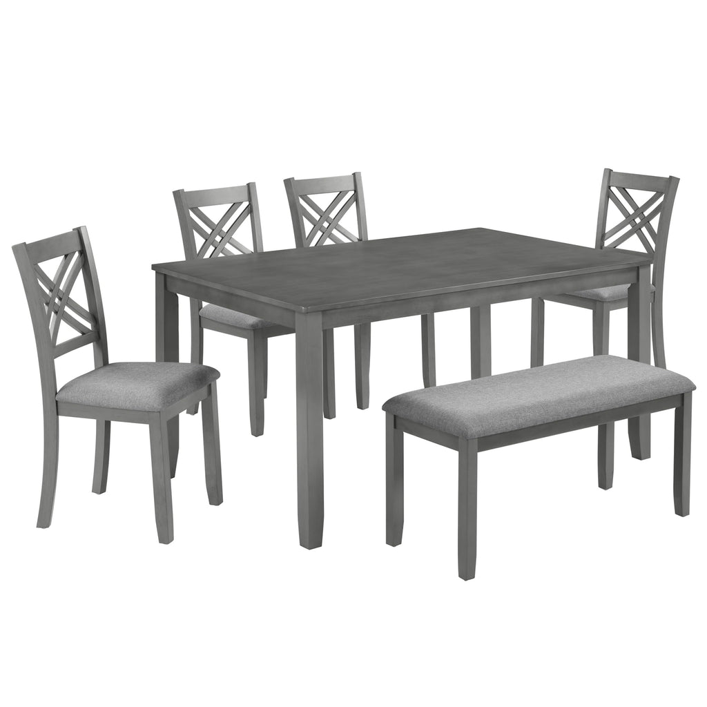6 Piece Kitchen Dining Room Set, Rectangular Wooden Dining Table with 4 X-Back Upholstered Chairs and 1 Bench, Modern