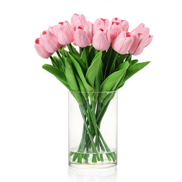 20 PCS Real Touch Tulips Artificial Flowers in Vase, Tulips Faux Arrangements with Vase and Fake Water Decor, Dining