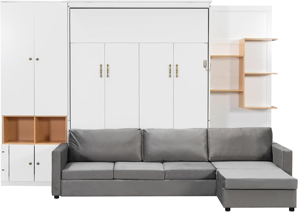 Queen Murphy Bed with Large Sofa, Storage Shelves & Cabinets, Modern Space-Saving Wall Bed with Dual Lights, White+Gray