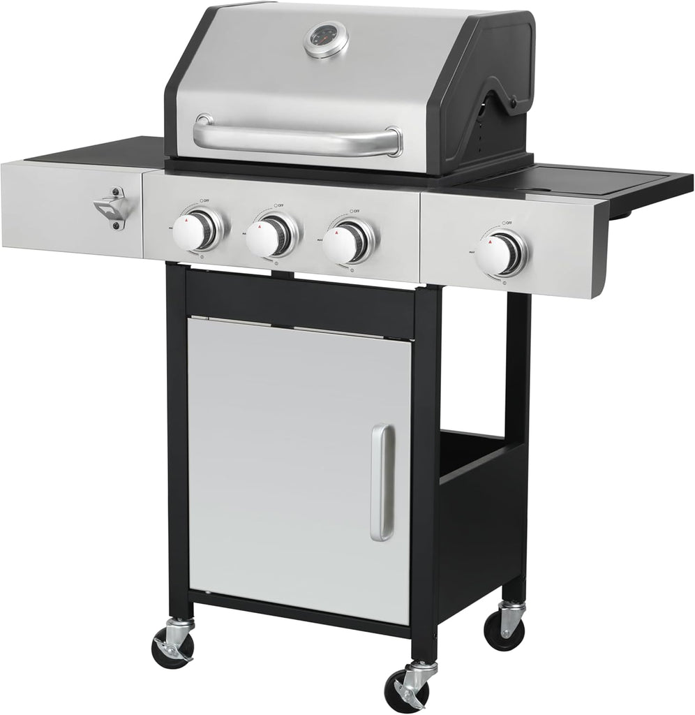 3-Burner Propane Gas Grill with Side Burner, 37,230 BTU BBQ Grill with Enameled Cast Iron Grates and Stainless Steel Body for Outdoor Cooking