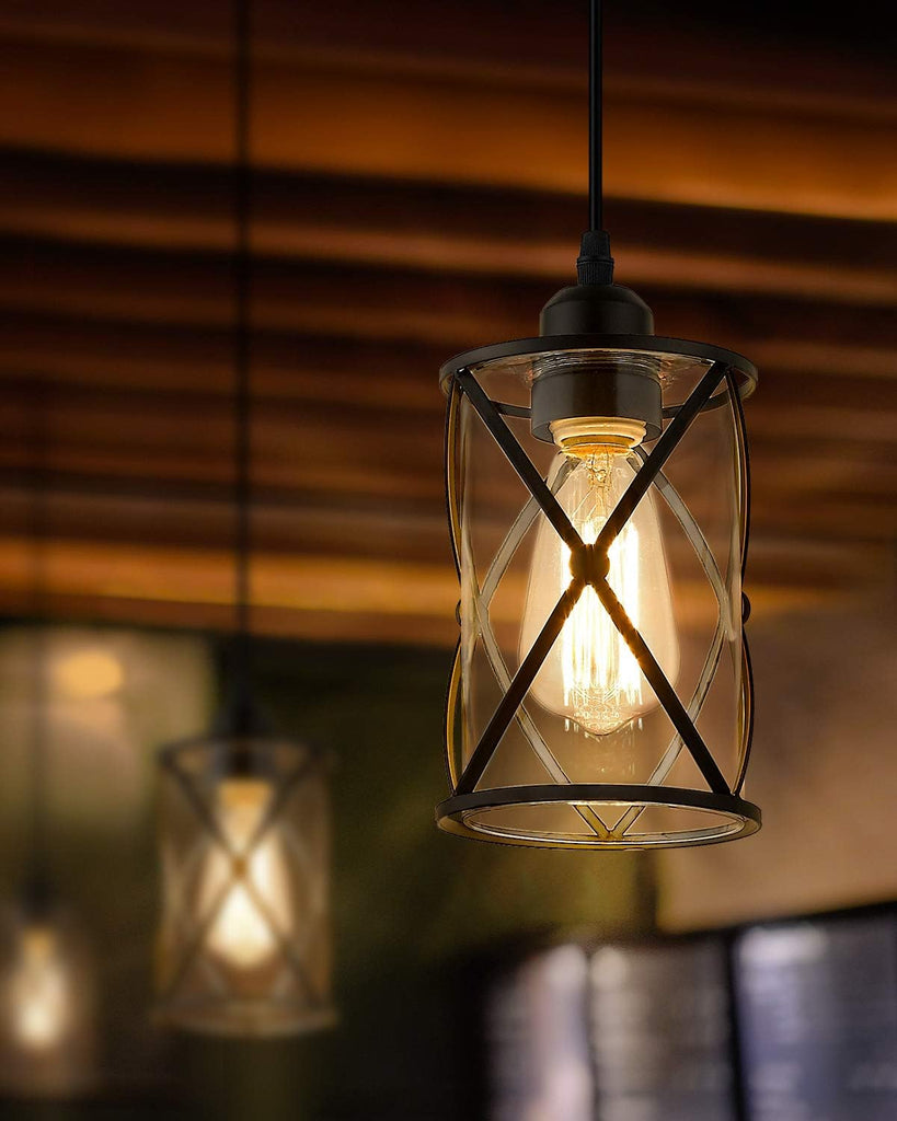 Glass Pendant Lights Kitchen Island 2 Pack, Black Mini Pendant Light with Clear Glass, Farmhouse Industrial Cage