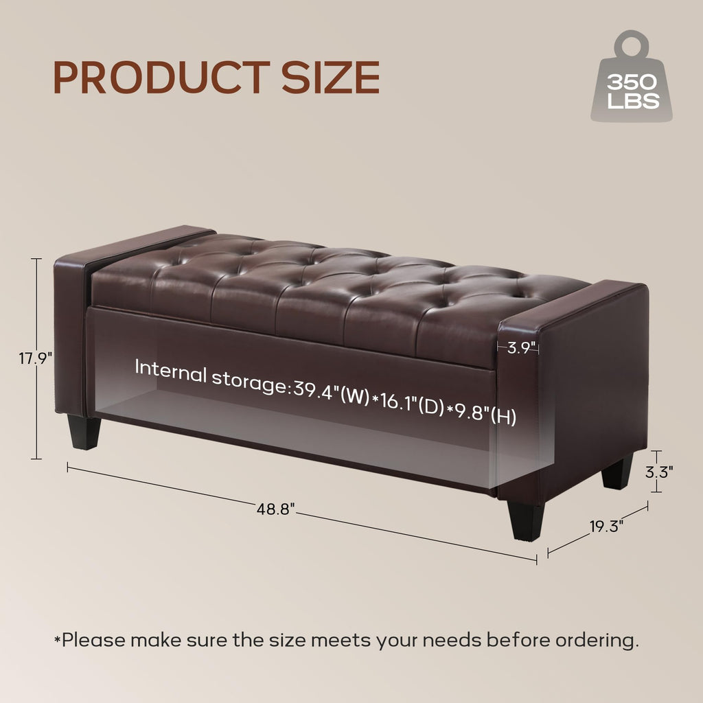 Ottoman with Storage, PU Leather Storage Bench(Dark Brown)