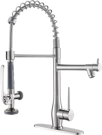 Commercial Kitchen Sink Faucet with Pull Down Sprayer Brushed Nickel | High Pressure Double Headed Spray, Stainless