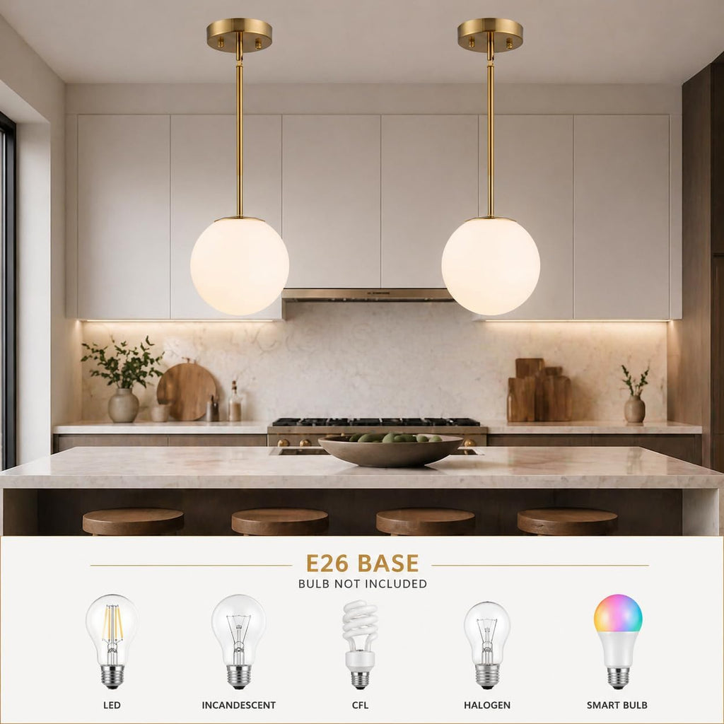 Mid Century Modern Pendant Light - 1-Light Gold Globe with White Glass Shade, Brushed Brass Finish, Adjustable Height