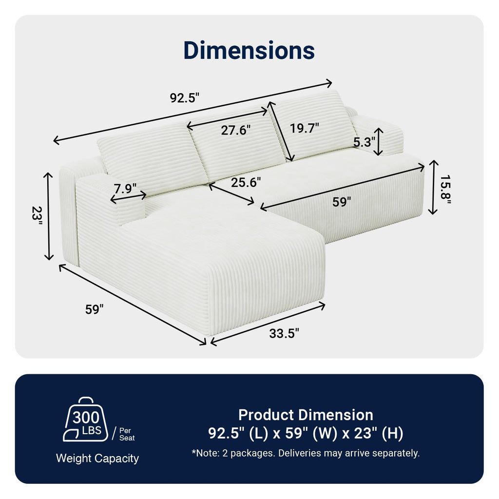 Modular Sectional Sofa, Boneless Couches with Individually Wrapped Coil Support, No Assembly Required, Corduroy