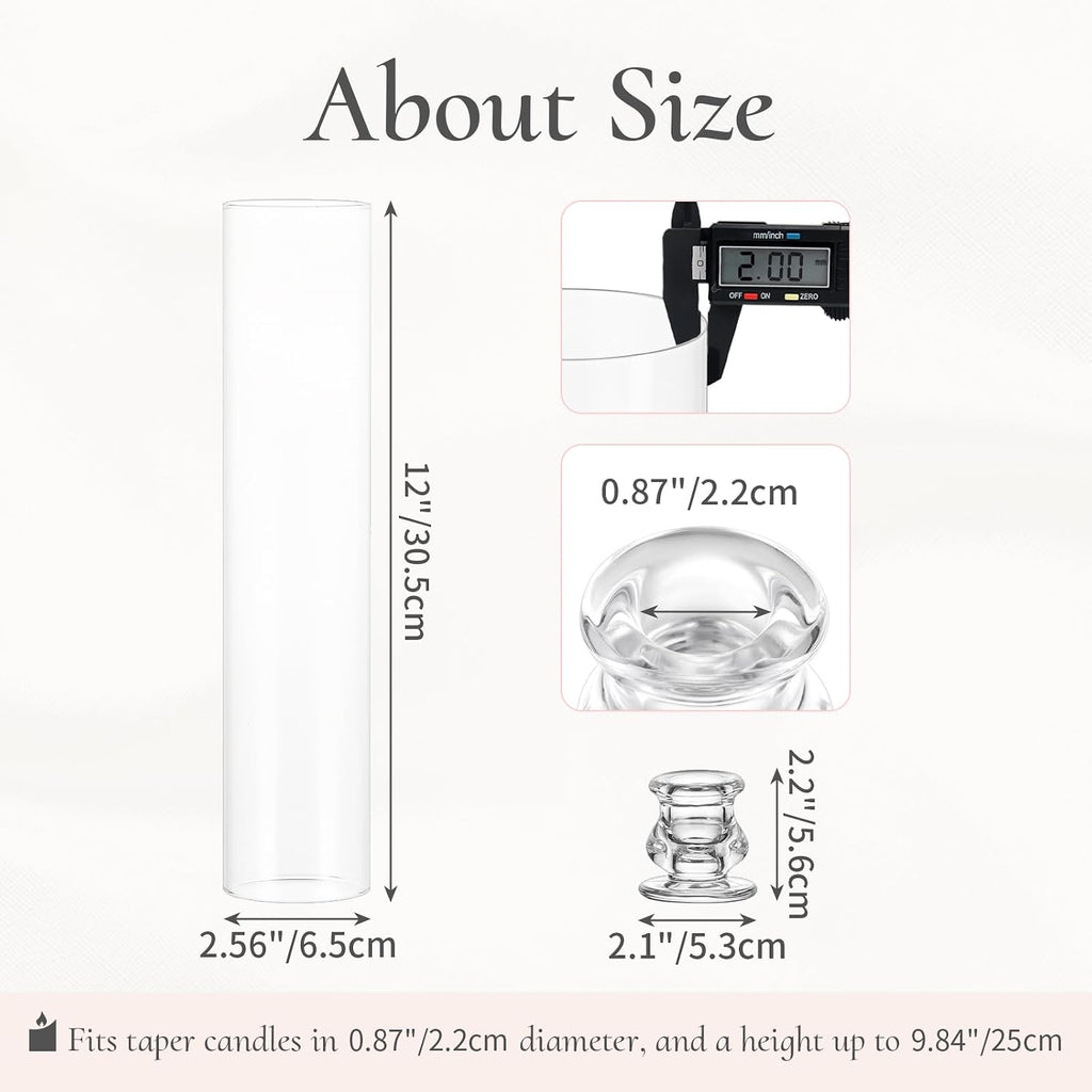 Hurricane Glass Candle Holders: 12" Tall Cylinder Cover Set of 6 | for 0.87" Taper, Windproof Chimney Cover, Clear