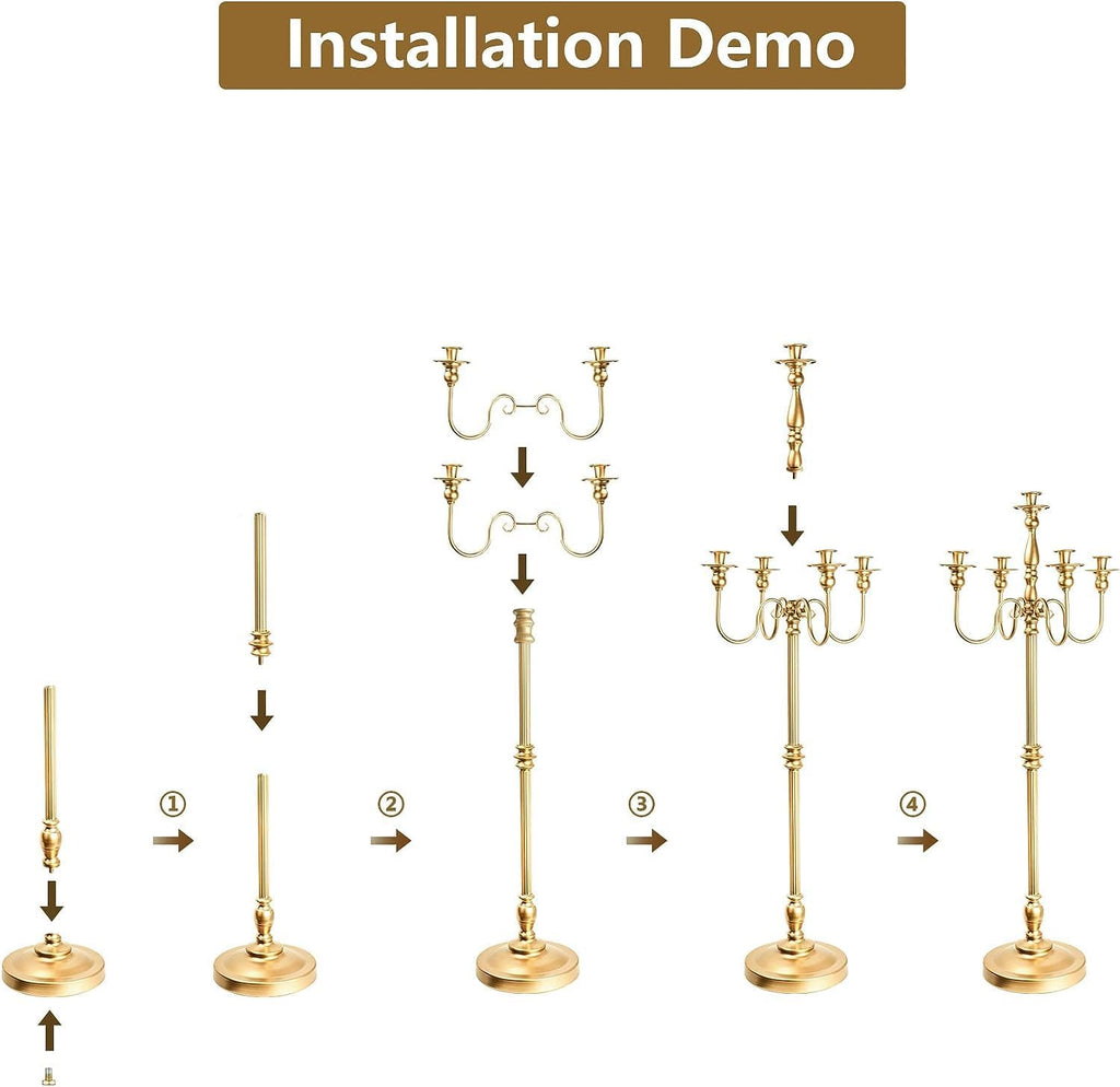 Gold Candelabra, 50'' Tall Floor Candle Holders, 2 Pcs Metal 5 Arm Centerpiece Decorations for 5 Candlesticks Party