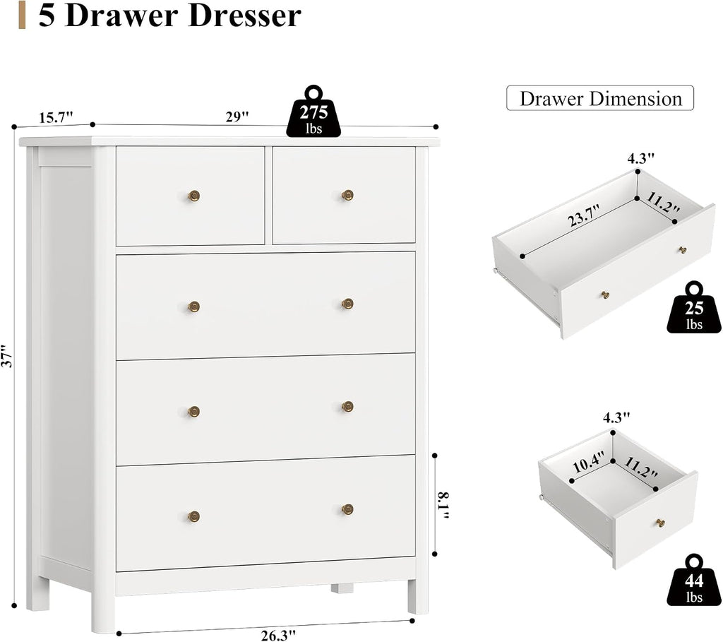 White Dresser with 5 Drawers, Tall Chest of Drawers, 5 Drawer Dresser with Deep Space, Wood Storage Cabinet , White