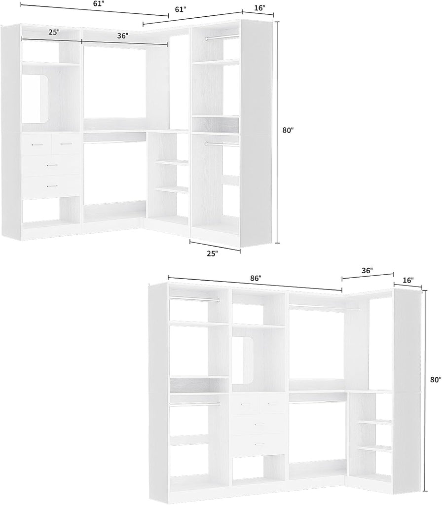 86" Closet System, Large Corner Closets Organizer with Hanging Rods and Mirror Design, Freestanding Adjustable Wood